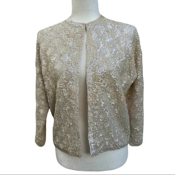 Vintage Sweater Cream Ivory Wool Elegant Cardigan‎ Iridescent Sequins Size 38​​ - Picture 1 of 10